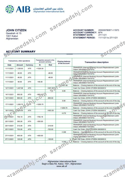 Afghanistan AIB Bank Statement